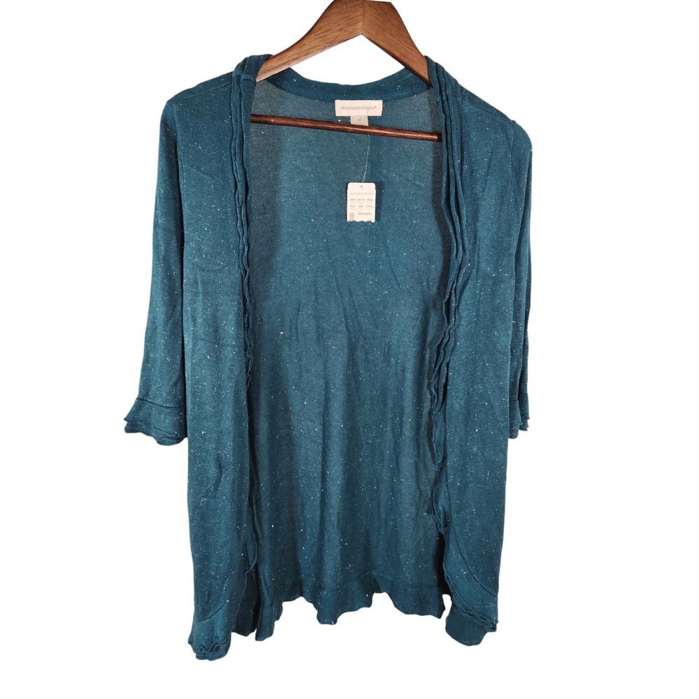 NWT Christopher & Banks Teal Sparkle Open Front Ruffled Cardigan Size Medium